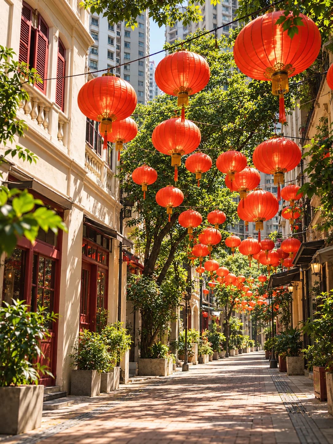 香港風格街巷與紅燈籠,節日親子活動意象圖