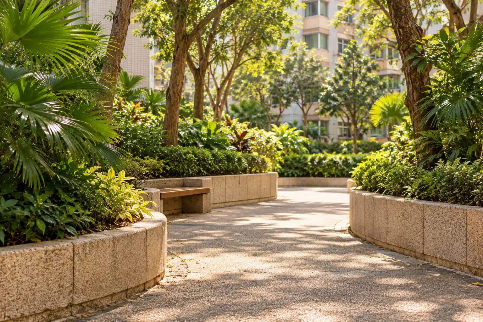 綠樹環繞的社區步道,長者健康意象圖